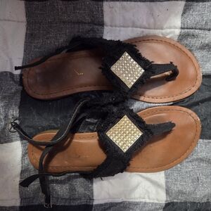 Women's Black T-Strap Sandals with Gold Accent